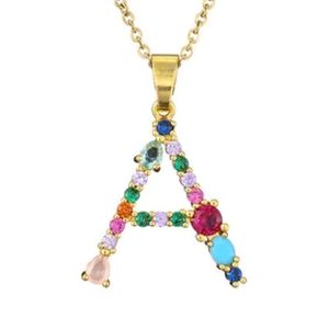 A Initial Pendant Necklace Multi-color Rhinestones Gold Tone Chain